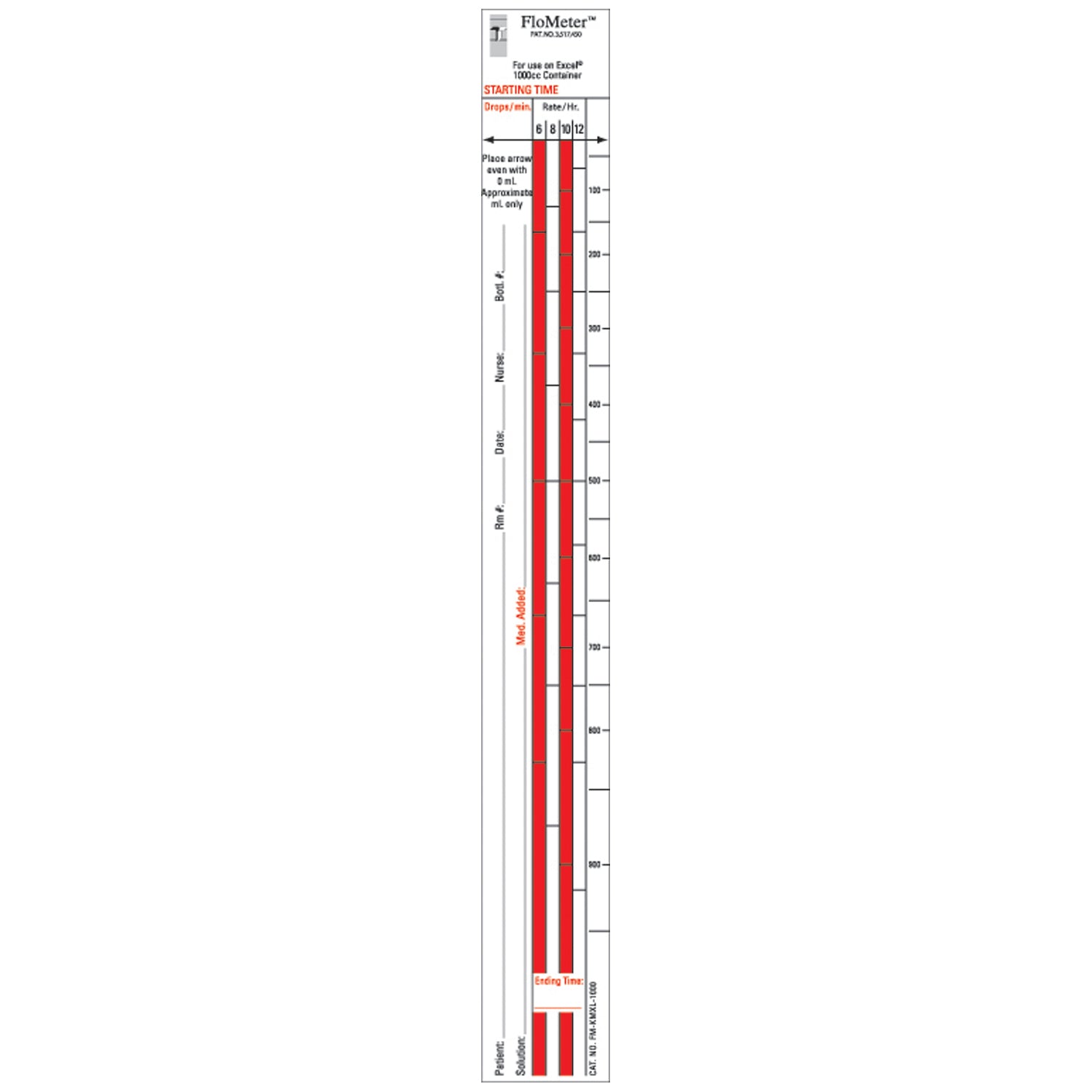 Flo-Meter Labels For IV Containers, Excel (Kendall-McGaw) Standard Style, 1_" x 10_", For 1000mL Container, 1,000/bx