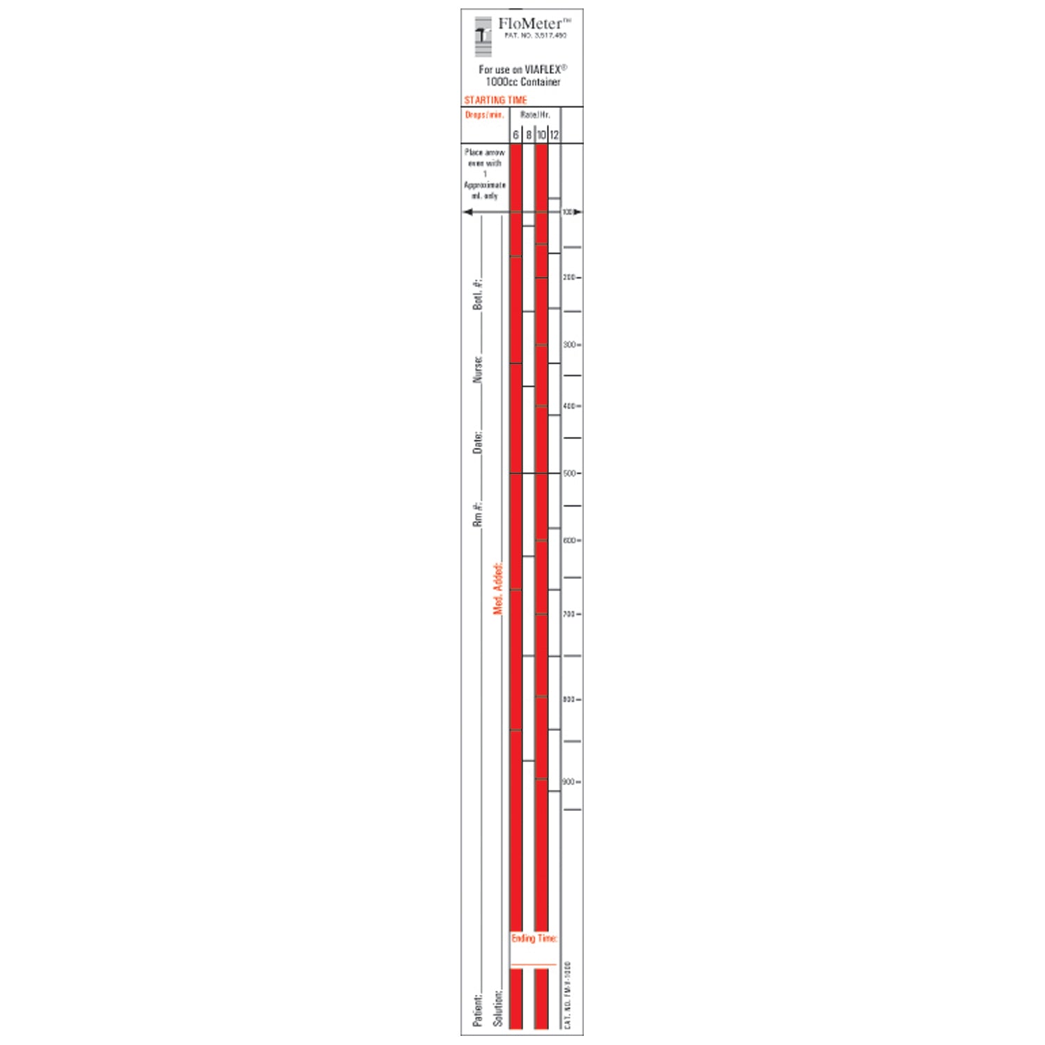 Flo-Meter Labels For IV Containers, Viaflex (Baxter) Standard Style, 1_" x 10_", For 1000mL Container, 1,000/bx