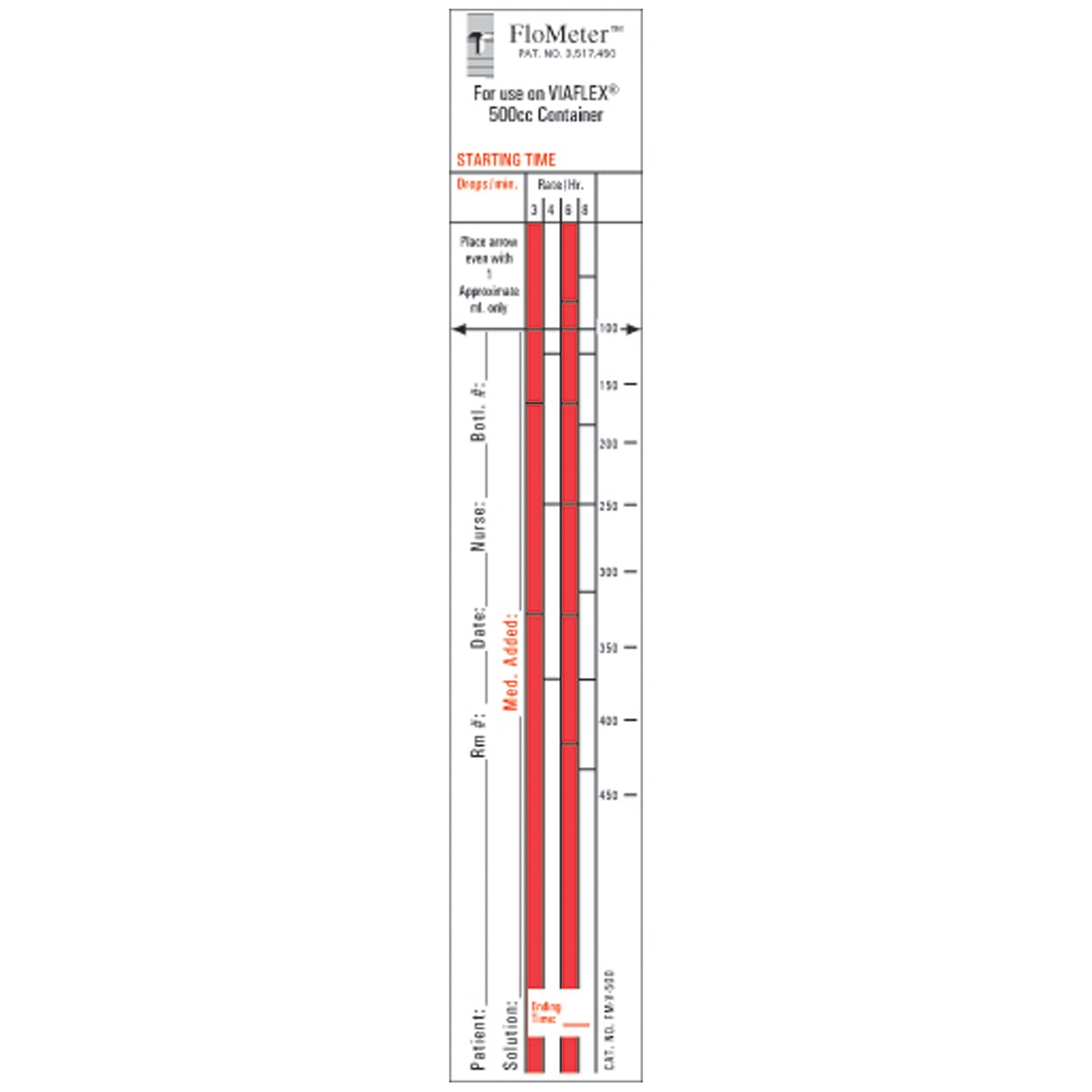 Flo-Meter Labels For IV Containers, Viaflex (Baxter) Standard Style, 1_" x 7", For 500mL Container, 1,000/bx