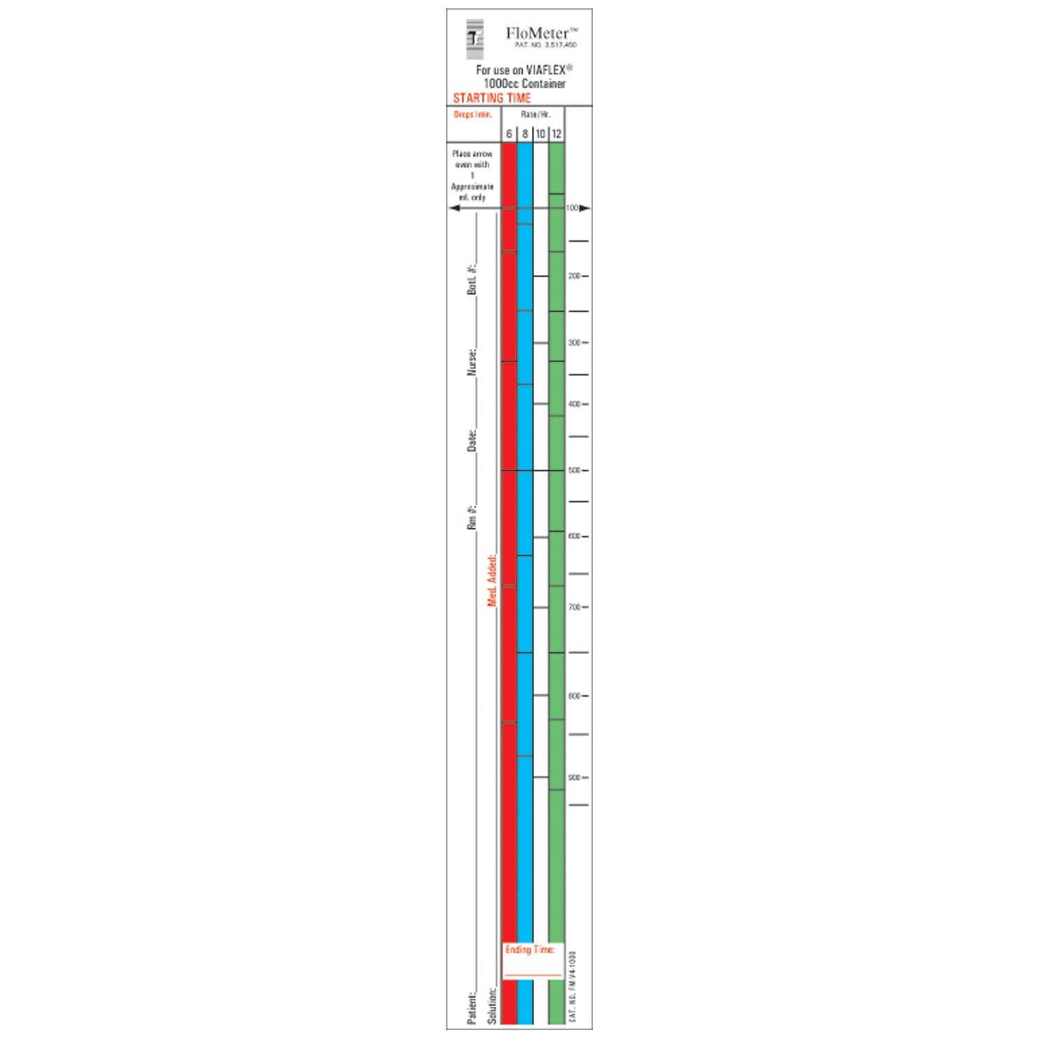 Flo-Meter Labels For IV Containers, Viaflex (Baxter) 4-Color Style, 1_" x 10_", For 1000mL Container, 1,000/bx