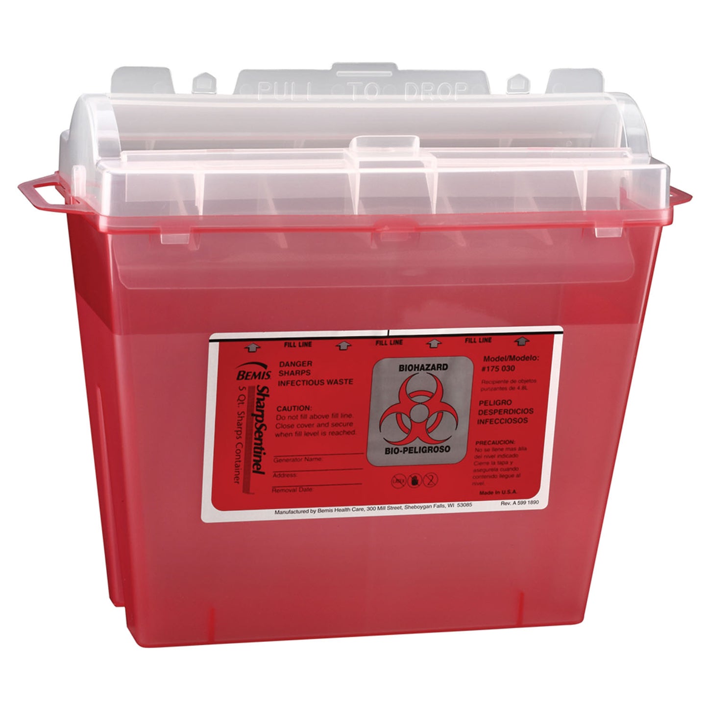 SharpSentinel Sharps Container, 5 Qt, Translucent Red, Rotating Lid, 32/cs