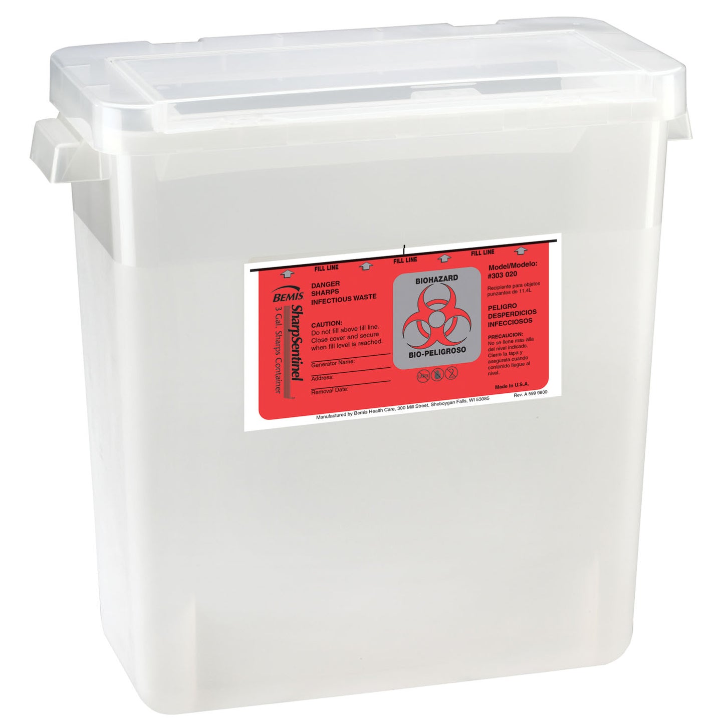 Sharps Container, 3 Gal, Large Opening Lid, Translucent Beige, 12/cs