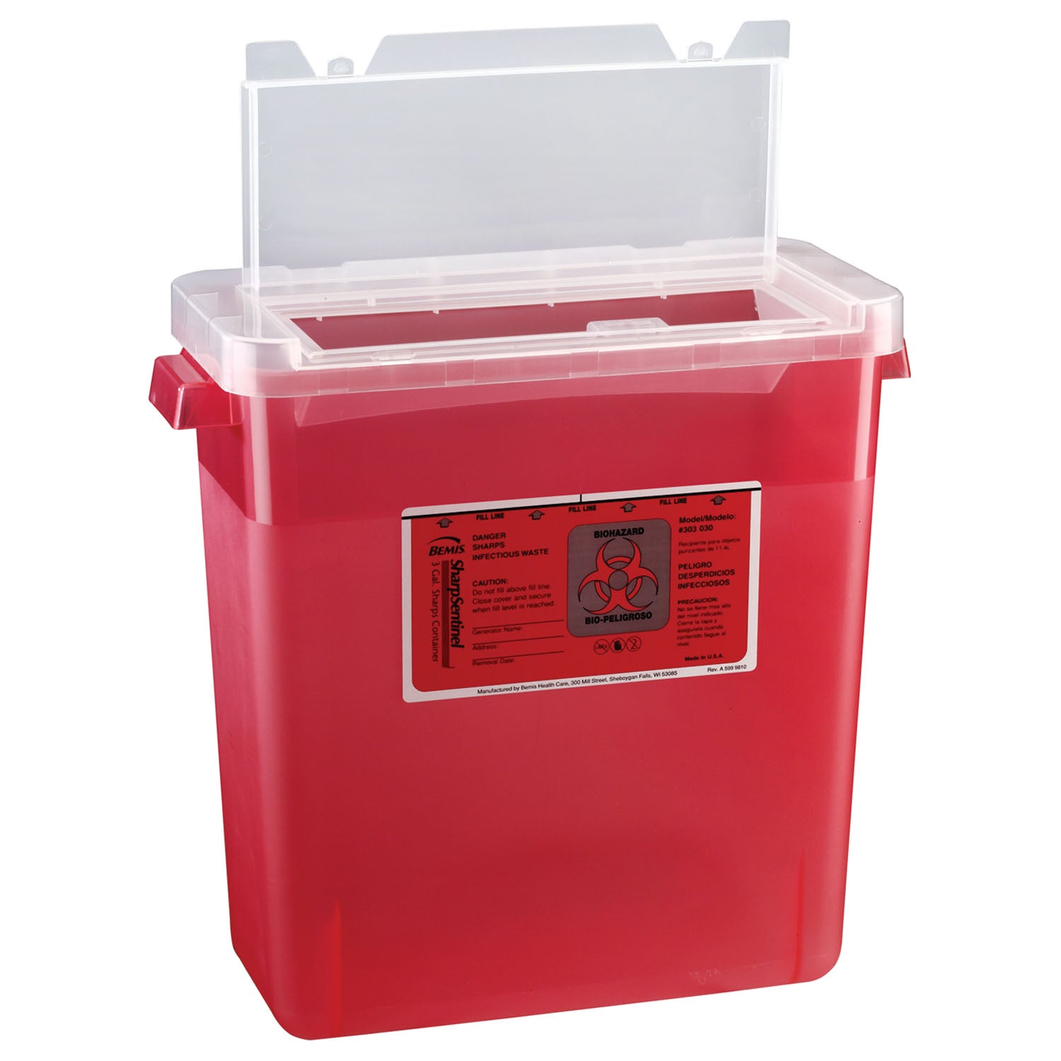 Sharps Container, 3 Gal, Large Opening Lid, Translucent Red, 12/cs