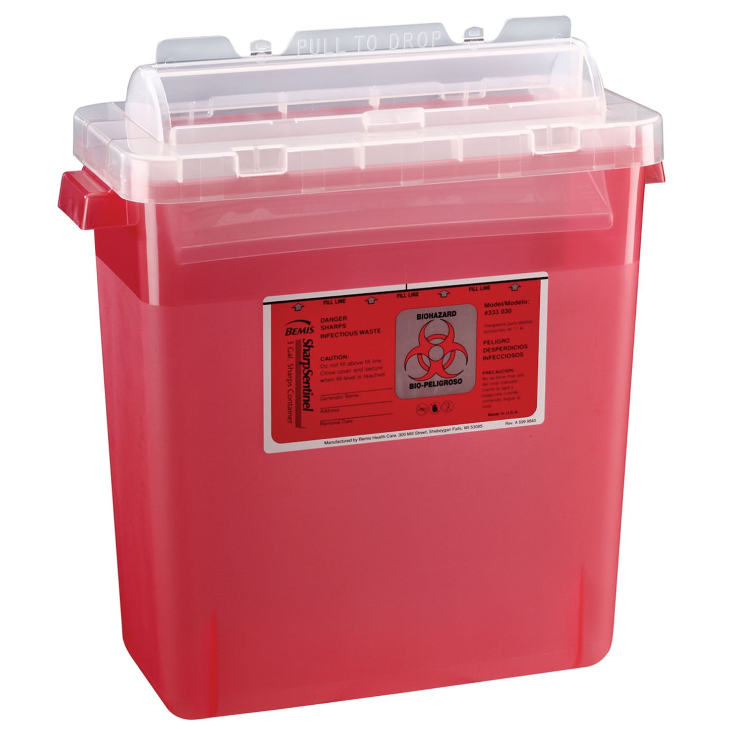 Sharps Container, 3 Gal, Rotating Lid, Translucent Red, 12/cs