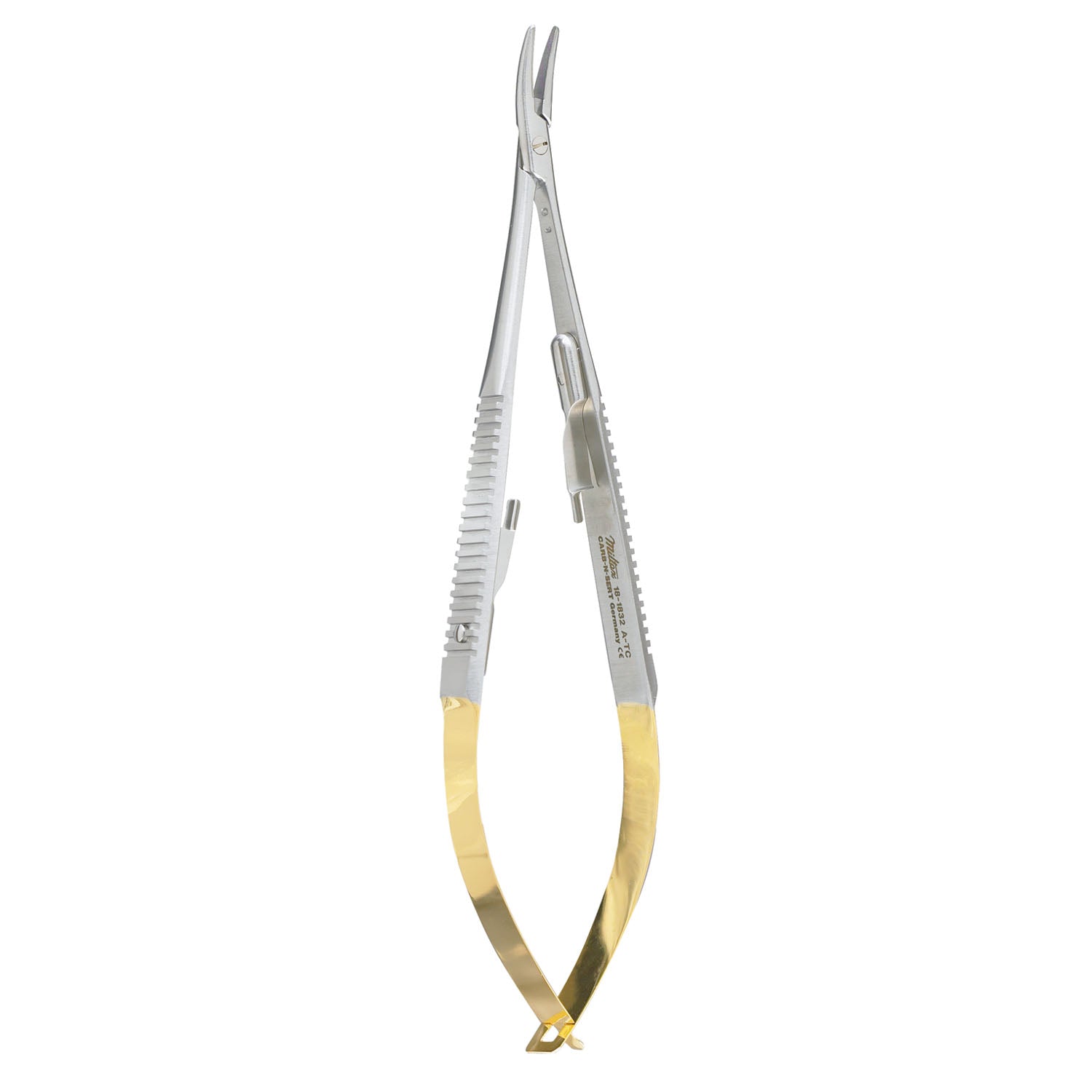 Castroviejo Needle Holder, 5_", Lock, Carb-N-Sert, Serrated, Curved