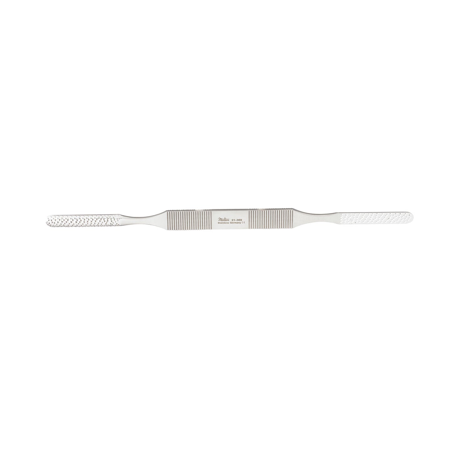 Rasp Miltex Fomon, 8-1/4in, Stainless Steel, Surgical Grade, Reusable, Curved, Coarse Teeth, Convex/Flat, Double Ended, Backward Cut