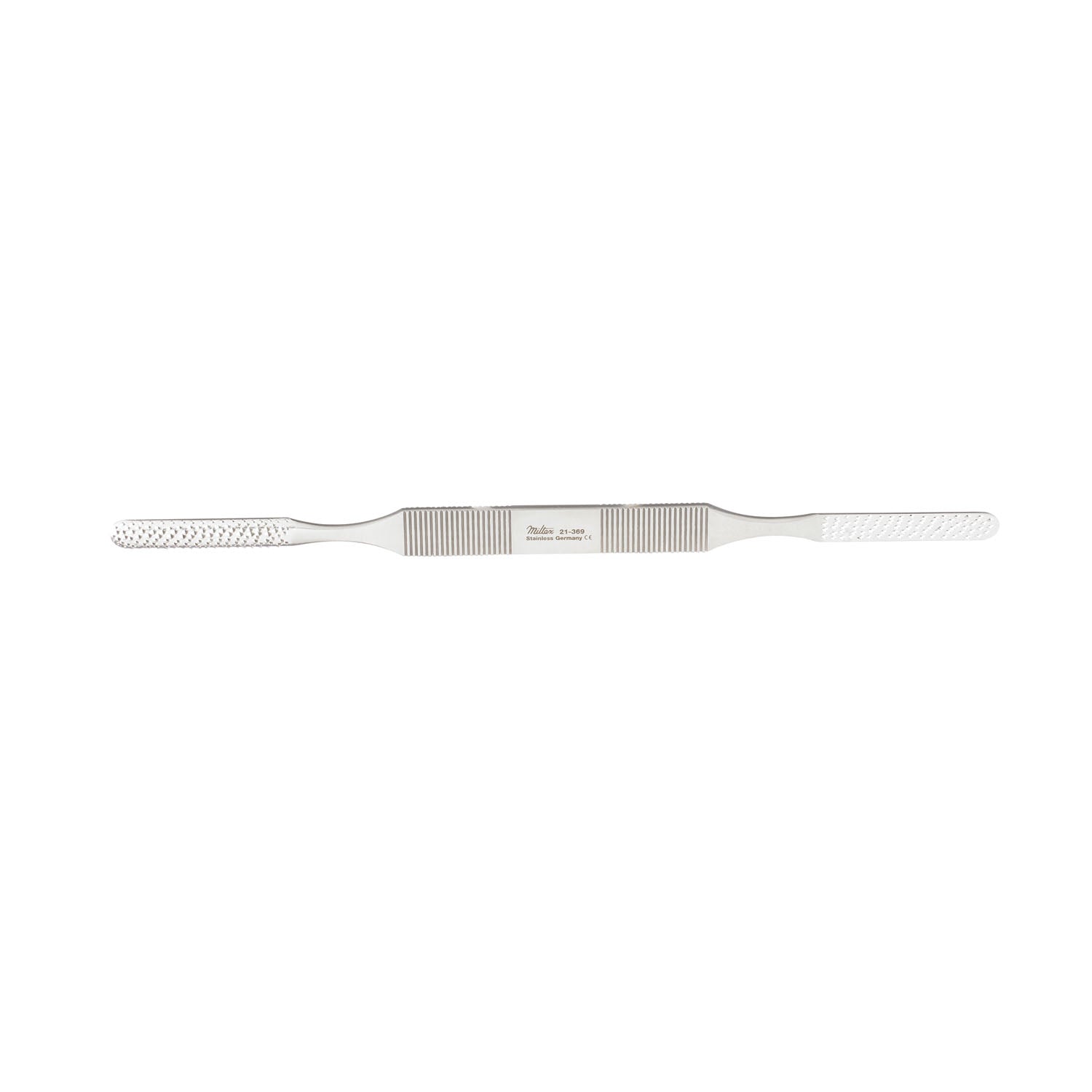 Rasp Miltex Fomon, 8-1/4in, Stainless Steel, Surgical Grade, Reusable, Curved, Coarse Teeth, Convex/Flat, Double Ended, Backward Cut