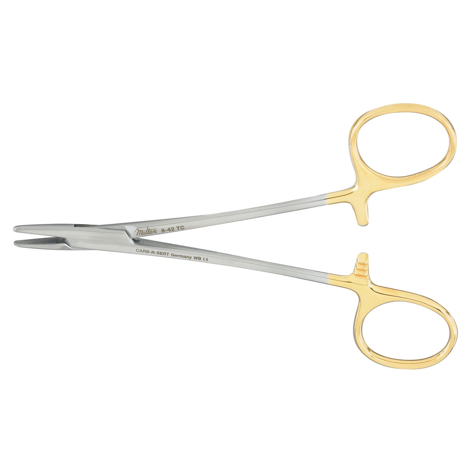 Mayo-Hegar Needle Holder, 5", Serrated Jaws, Carb-N-Sert T.C. Jaws