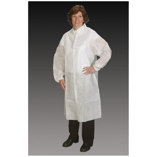 Frock Lab Coat, Large/ X-Large, White, Elastic Wrist, Snap Collar, Snap Close, 30/cs