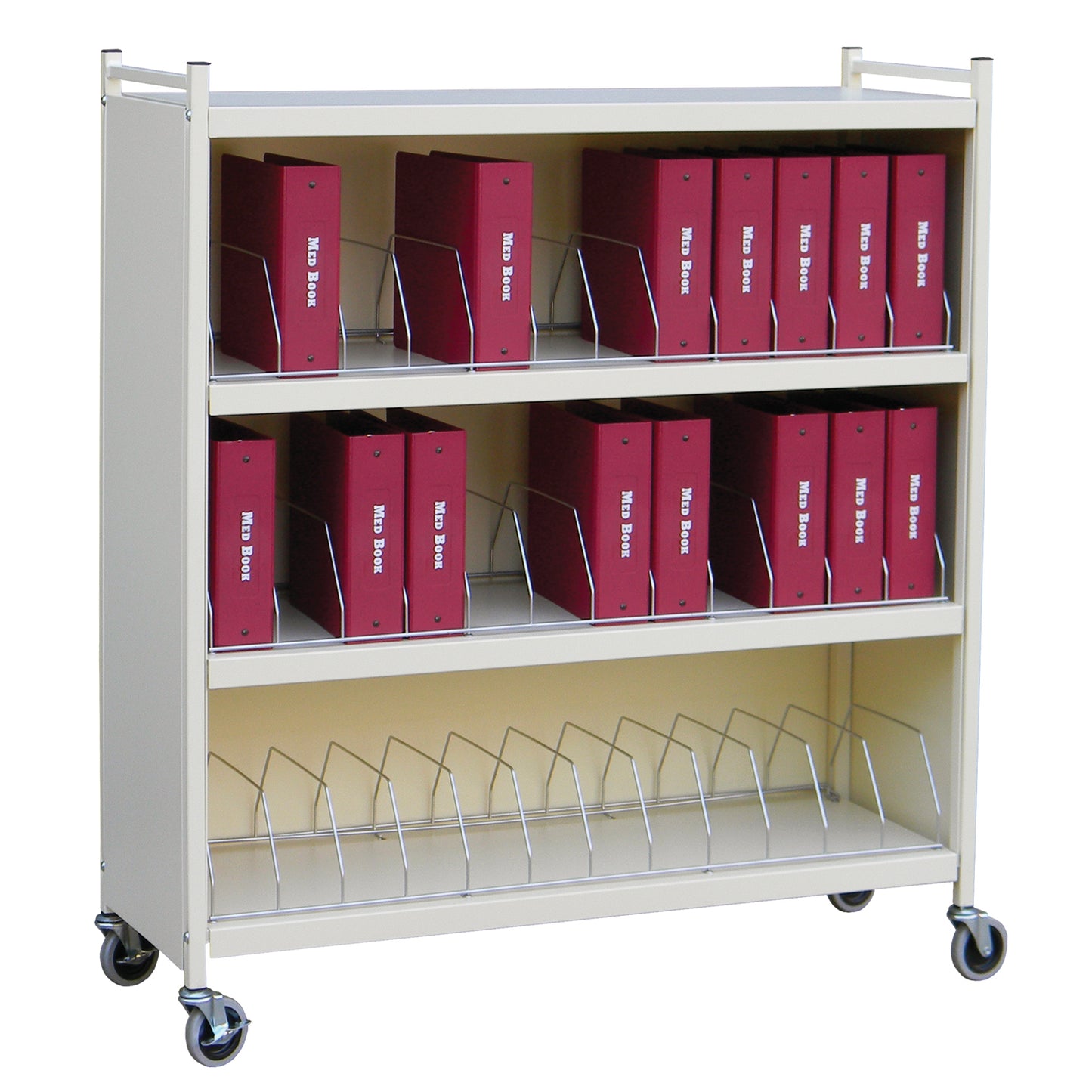 Big Beam Large Cabinet Style Omnicart For Binders, 3_" Spine, Holds 8 per Shelf, 4 Shelves, 3 Organizers, 36 Capacity, 56"H x 49_"W x 17"D