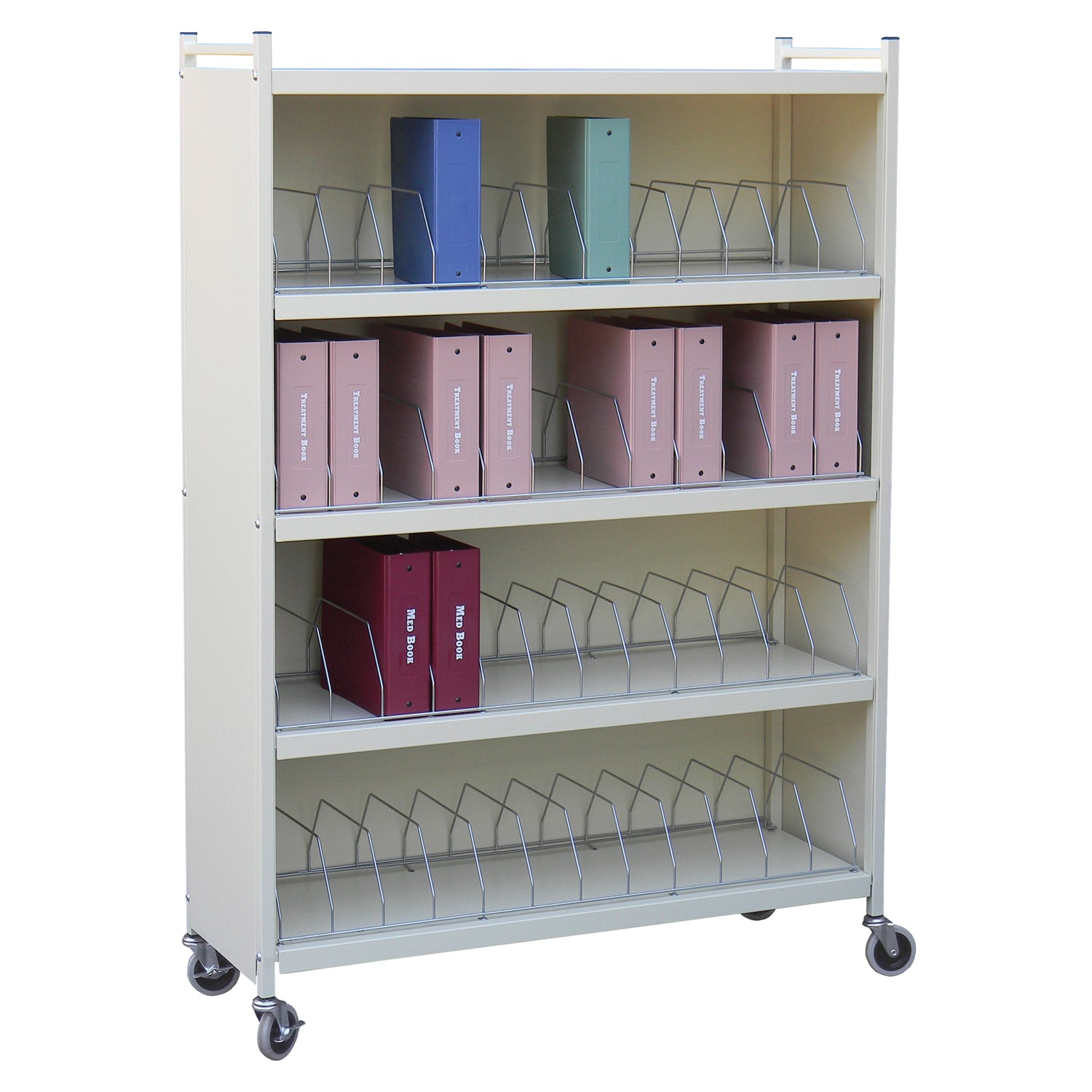 Big Beam Large Cabinet Style Omnicart For Binders, 3_" Spine, Holds 8 per Shelf, 5 Shelves, 4 Organizers, 48 Capacity, 71"H x 49_"W x 17"D