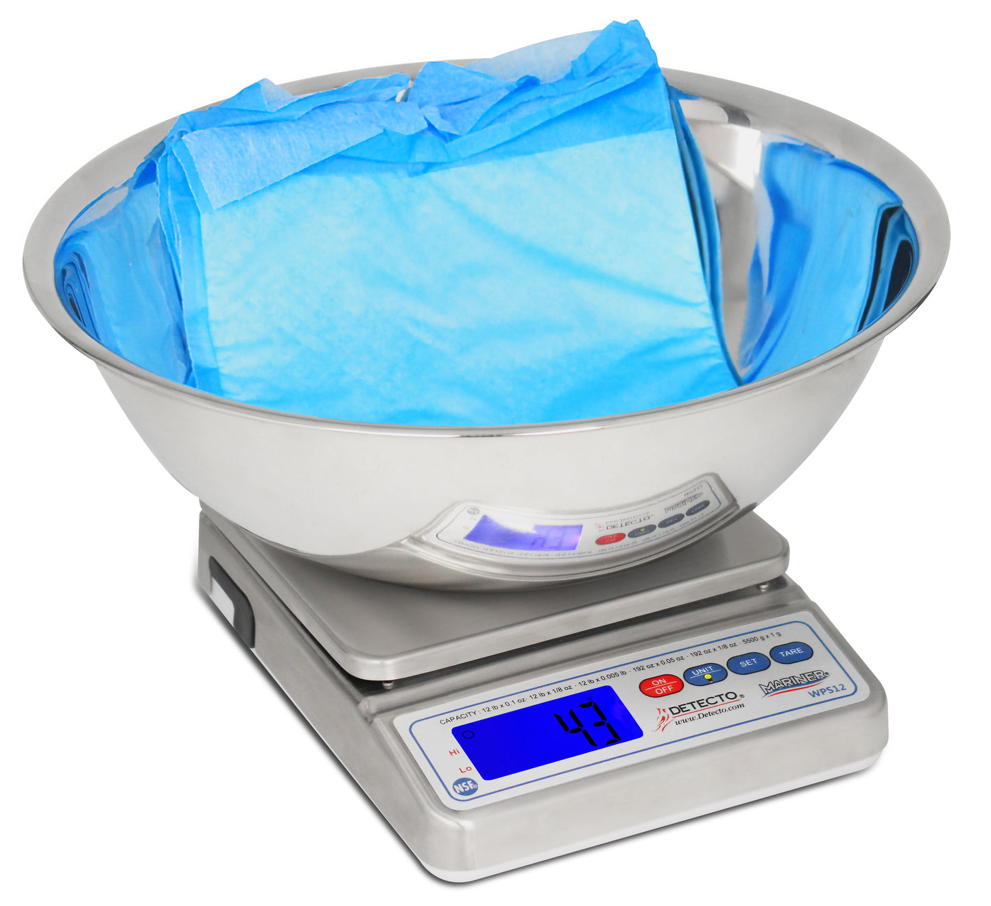 Underpad/Wet Diaper Scale, Mariner Waterproof IP67, 12-lb capacity, Underpad Bowl, Stainless Steel, Raised Buttons, Tare Button, 1.2in High Backlit Blue LCD, AC Adapter and Battery Included, 13.6in(W)x13.6in(D)x6.9in(H) (DROP SHIP ONLY)