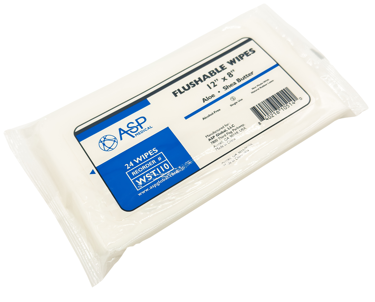 Flushable Wipes with Aloe & Lanolin, Soft Pack, 12" x 8", Resealable, Alcohol-Free, Latex-Free, 24/pk, 30 pk/cs
