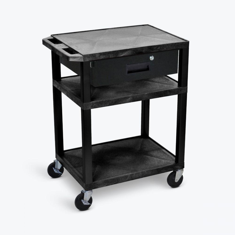 AV Cart, Plastic, Three Shelves, Black, 24"W x 18"D x 34"H, (4) 4" Silent-Roll Full-Swivel Ball Bearing Casters (2 with Locking Brake) (DROP SHIP ONLY)