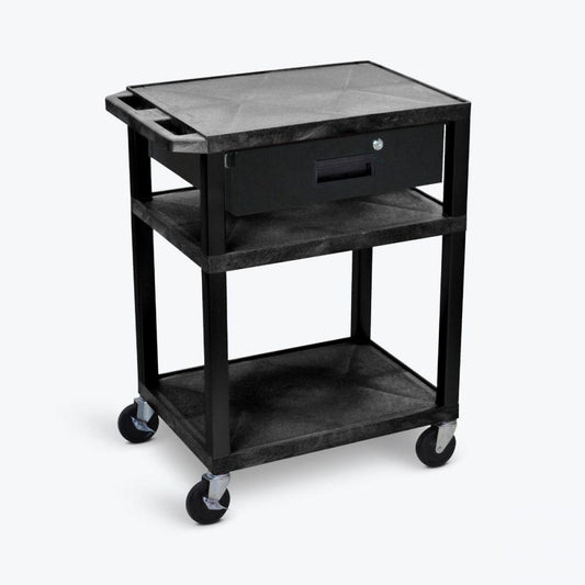 AV Cart, Plastic, Three Shelves, Black, 24"W x 18"D x 34"H, (4) 4" Silent-Roll Full-Swivel Ball Bearing Casters (2 with Locking Brake) (DROP SHIP ONLY)