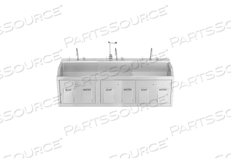 Lodi Scrub Sink, (3) Place Wall Mounted with Knee Action Control, Soap Dispenser, Infrared Water Control, Eyewash, Digital Timer (DROP SHIP ONLY)