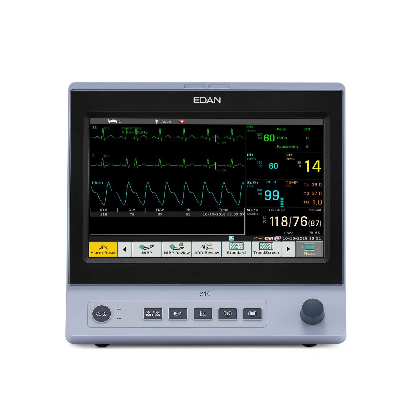 X10 Patient Monitor 10 Inch Touch Screen, Wi-Fi and comes with Standard Accessories Reusable NIBP Cuff Adult, 27cm-35cm, Reusable NIBP Tube for Reusable Cuffs, 3m. 2 Pin Adult Skin Temperature Probe) SpO2 Finger Sensor Adult 2.5m, 3 Lead Snap ECG Cable, Rechargeable Lithium-Ion Battery  (10.8V, 2550mAh) Power Cord, and User Manual  (Printer Optional) (DROP SHIP ONLY)(Not Available For Sale into Canada)