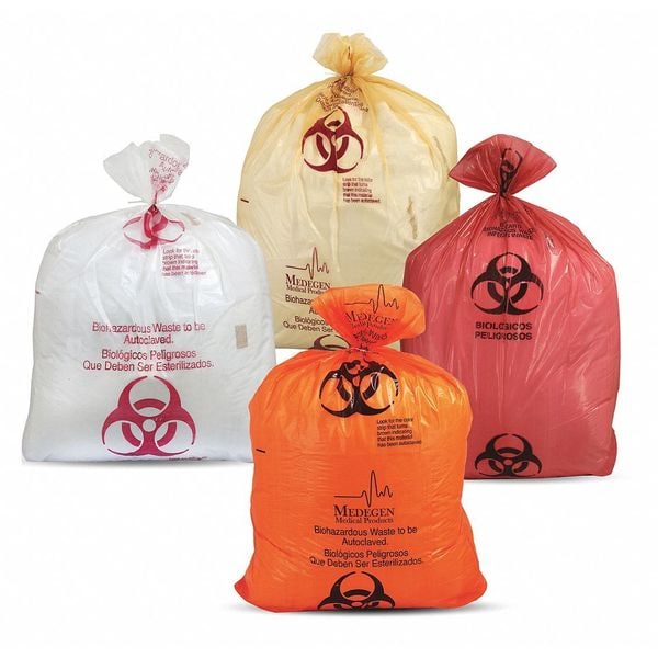Biohazard Bag, 25" x 30", 1.8 mil, 12-14 Gal, Red/Black, Print/ Label, Max. Temp 285F, Biohazard Labeling, Biohazard Symbol, English/ Spanish, 200/cs