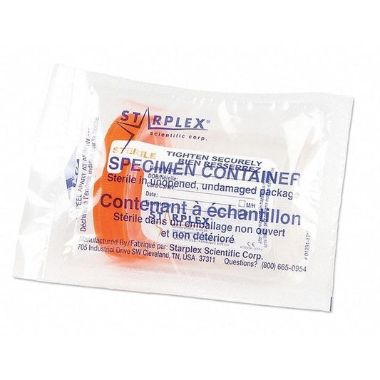 Specimen Container, 120mL, Quick Turn O-Ring Cap, Orange, Sterility Seal & Label, 4 oz Capacity, Individually Bagged, 100/cs