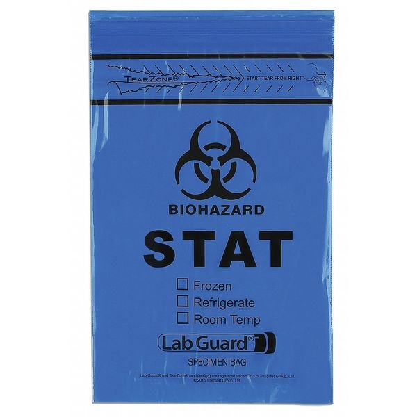 Transport Bag, 6" x 9", Zip Closure with Pouch, Blue Opaque/ Black, Biohazard, 2 mil, 100/pk, 10 pk/cs