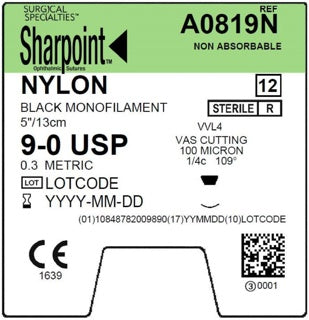 Nylon Suture, Monofilament, VAS Cutting, Size 9-0, 5"/13cm, 4mm, 1/4 Circle, 12/bx