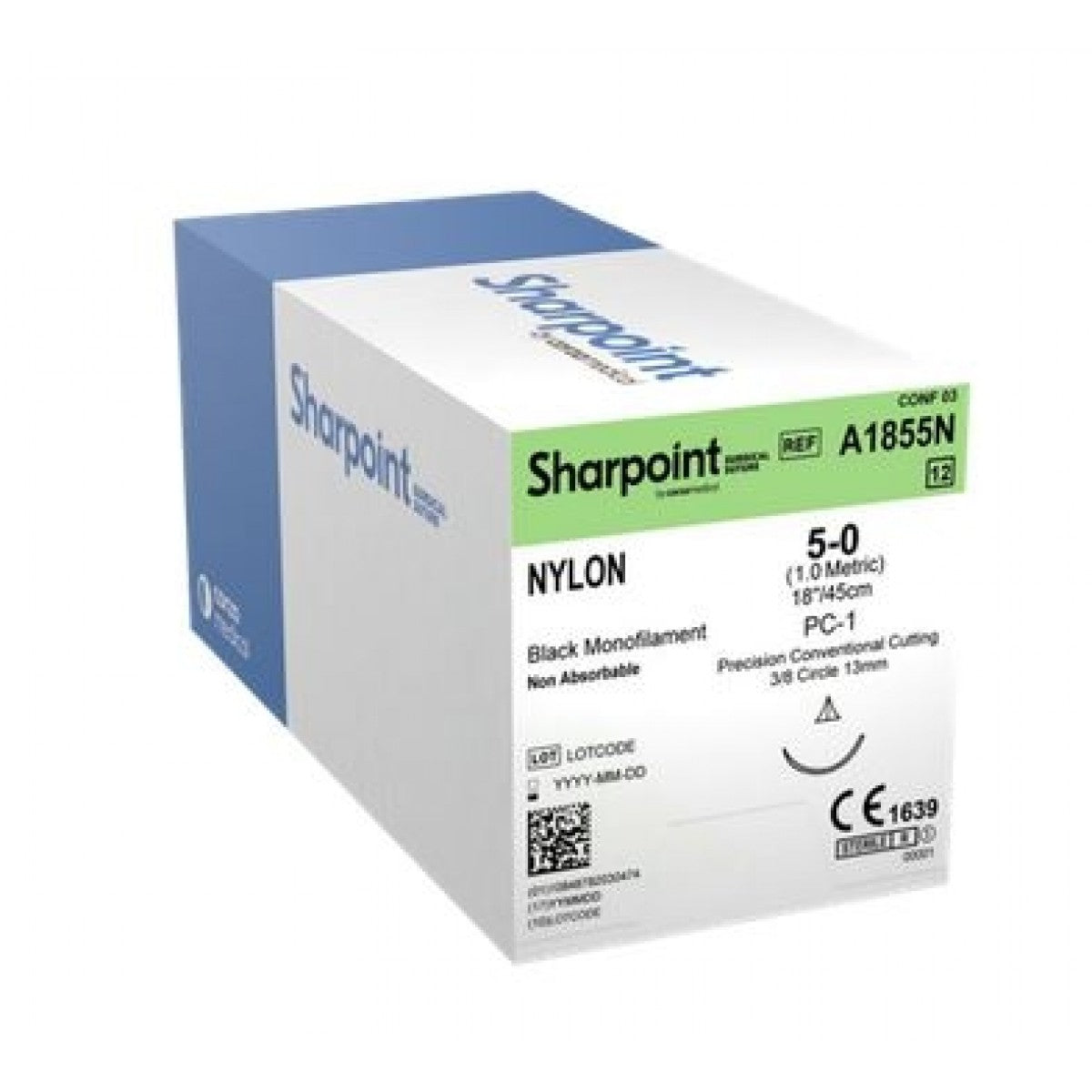 5/0 Nylon Suture, Black, 18", Precision Conventional Cutting, PC-1, 13mm, 3/8 Circle, 12/bx