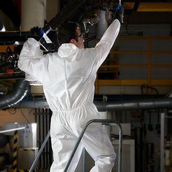 KleenGuard A30 Coveralls, 5XL, White, Zipper Front with 1" Flap, Elastic Back/Wrists/Ankles & Hood, 21/cs