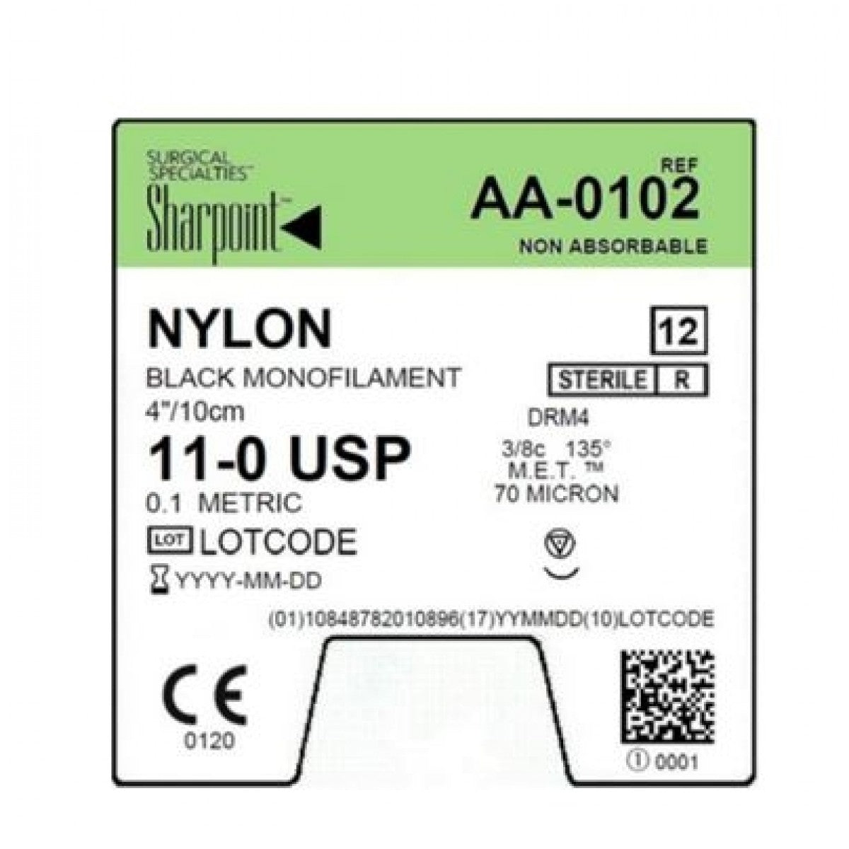 11/0 Nylon Suture, Black Mono, 4"/10cm, DRM4, 4mm 3/8 Circle, 12/bx