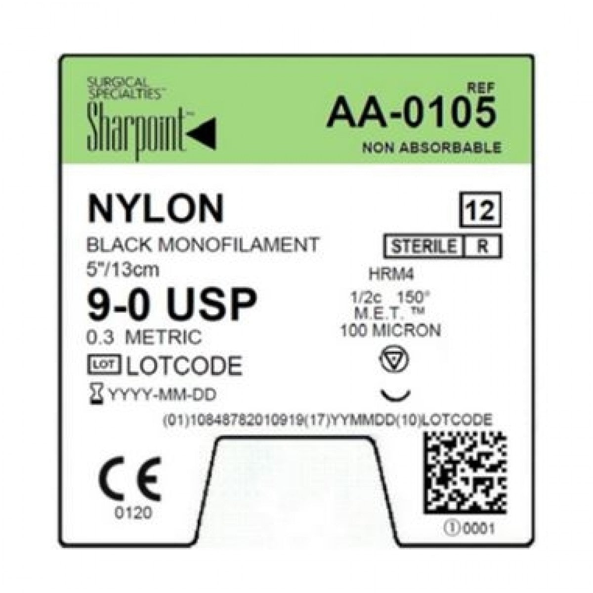 9/0 Nylon Suture, Black Mono, 5"/13cm, HRM4, 4mm 1/2 Circle, 12/bx