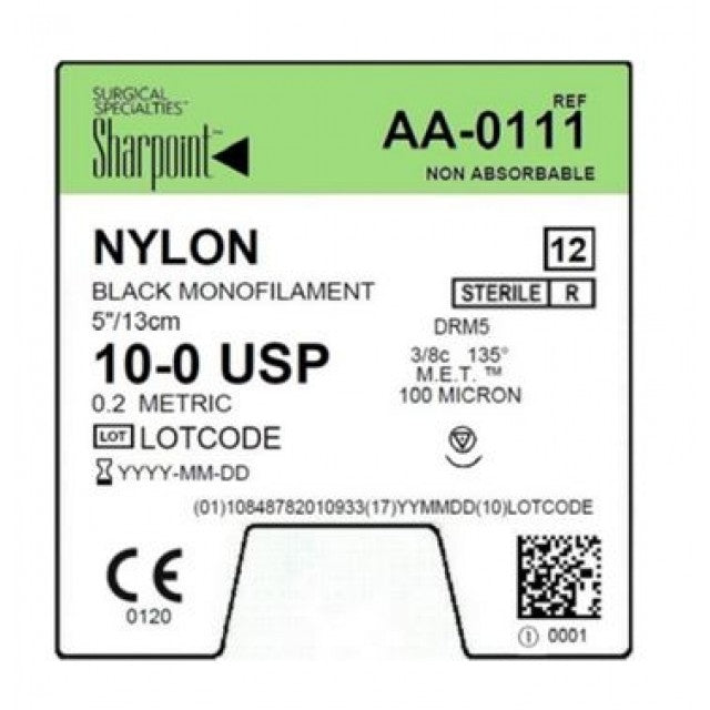 10/0 Nylon Suture, Black Mono, 5"/13cm, DRM5, 5mm 3/8 Circle, 12/bx