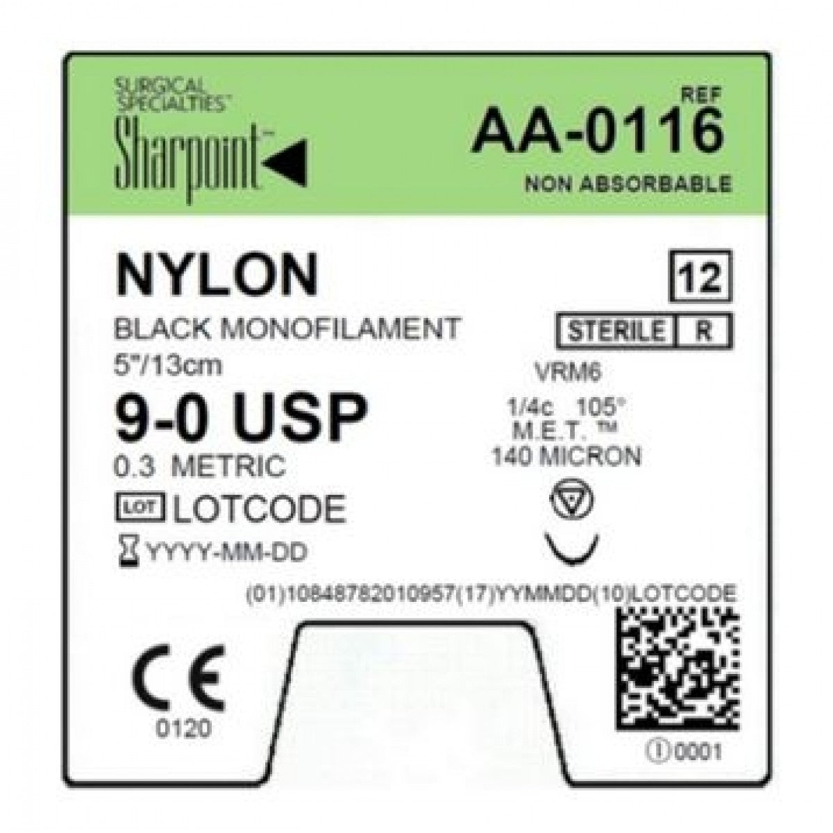 9/0 Nylon Suture, Black Mono, 5"/13cm, VRM6, 6mm 1/4 Circle, 12/bx