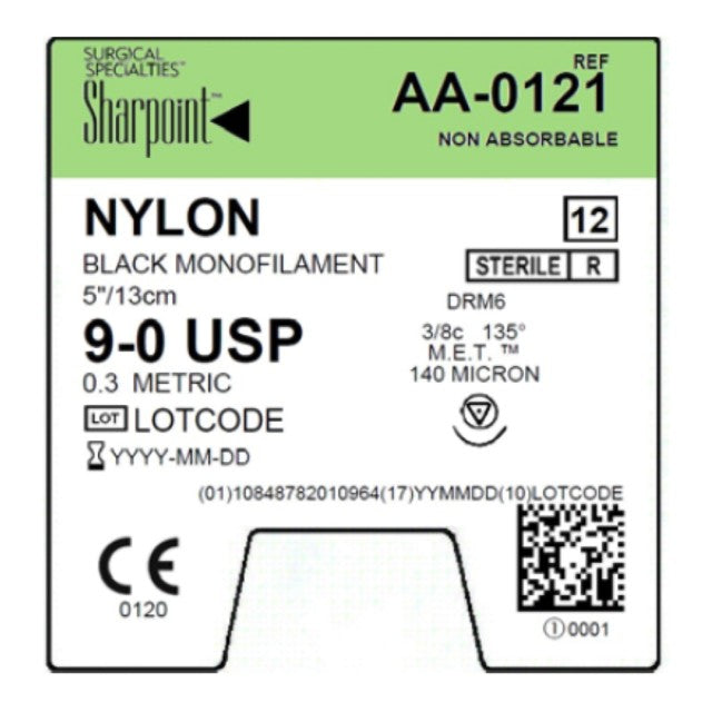 9/0 Nylon Suture, Black Mono, 5"/13cm, DRM6, 6mm 3/8 Circle, 12/bx
