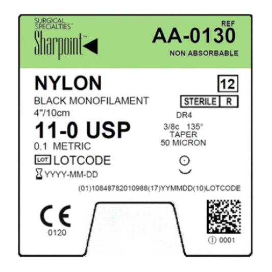 10/0 Nylon Suture, Black Mono, 4"/10cm, DR4, 4mm 3/8 Circle, 12/bx