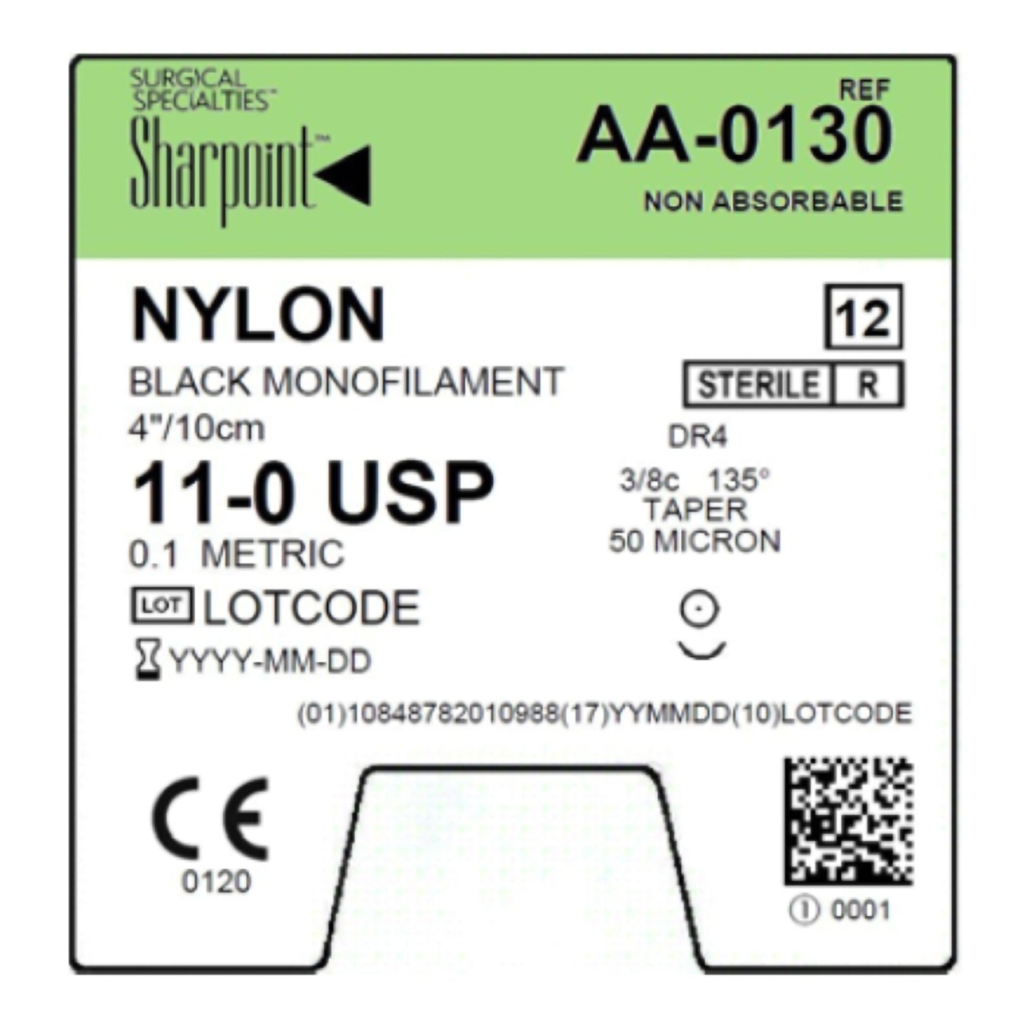 11/0 Nylon Suture, Black Mono, 4"/10cm, DR4, 4mm 3/8 Circle, 12/bx