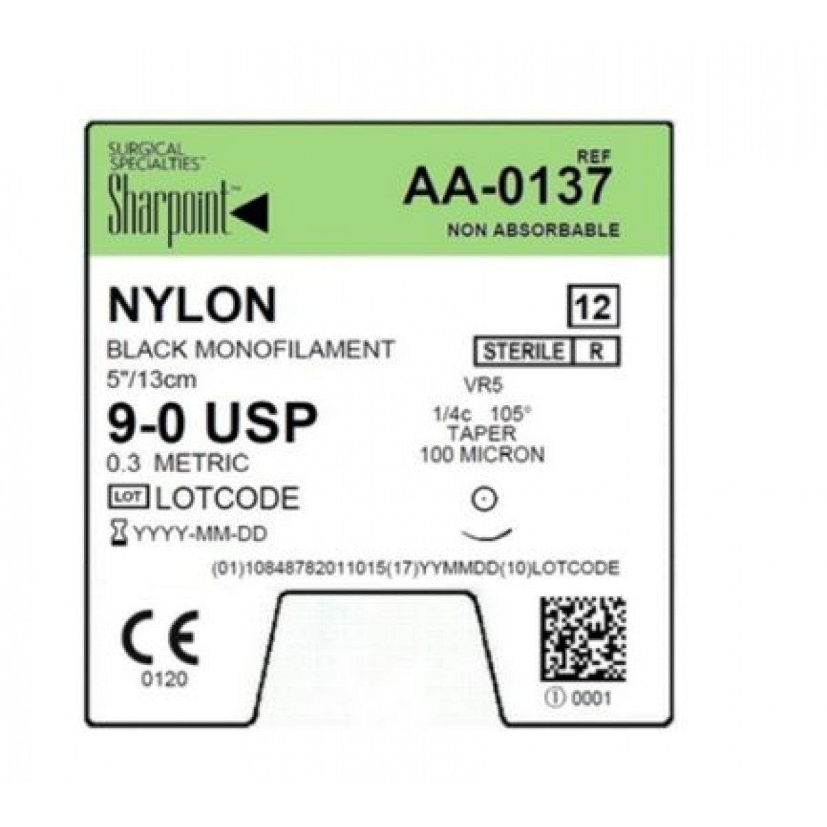 8/0 Nylon Suture, Black Mono, 5"/13cm, VR5, 5mm 1/4 Circle, 12/bx