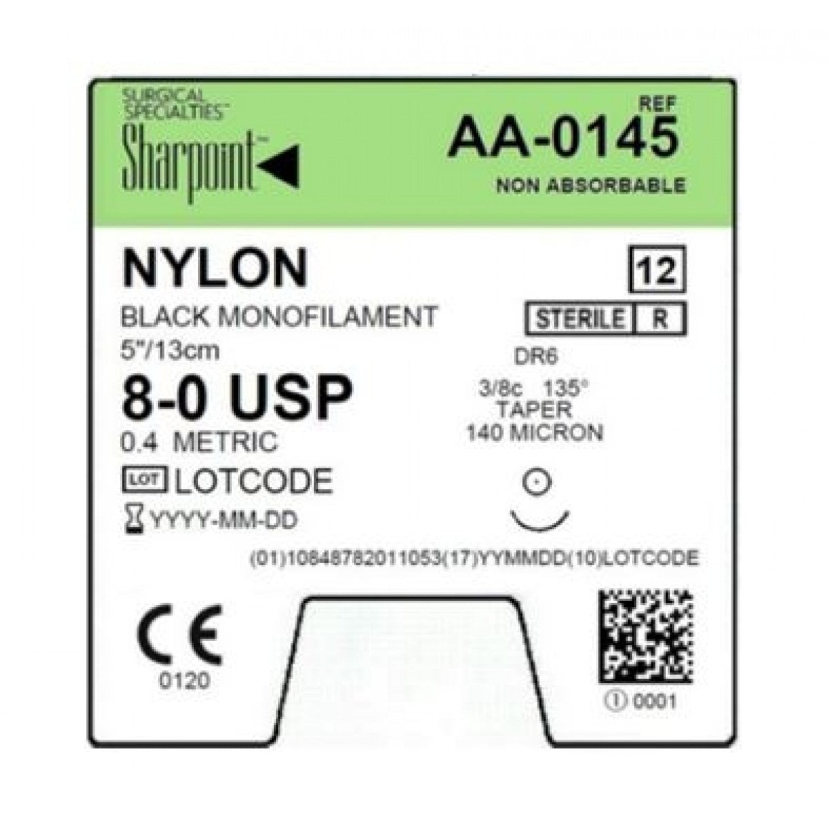 8/0 Nylon Suture, Black Mono, 5"/13cm, DR6, 6mm 3/8 Circle, 12/bx