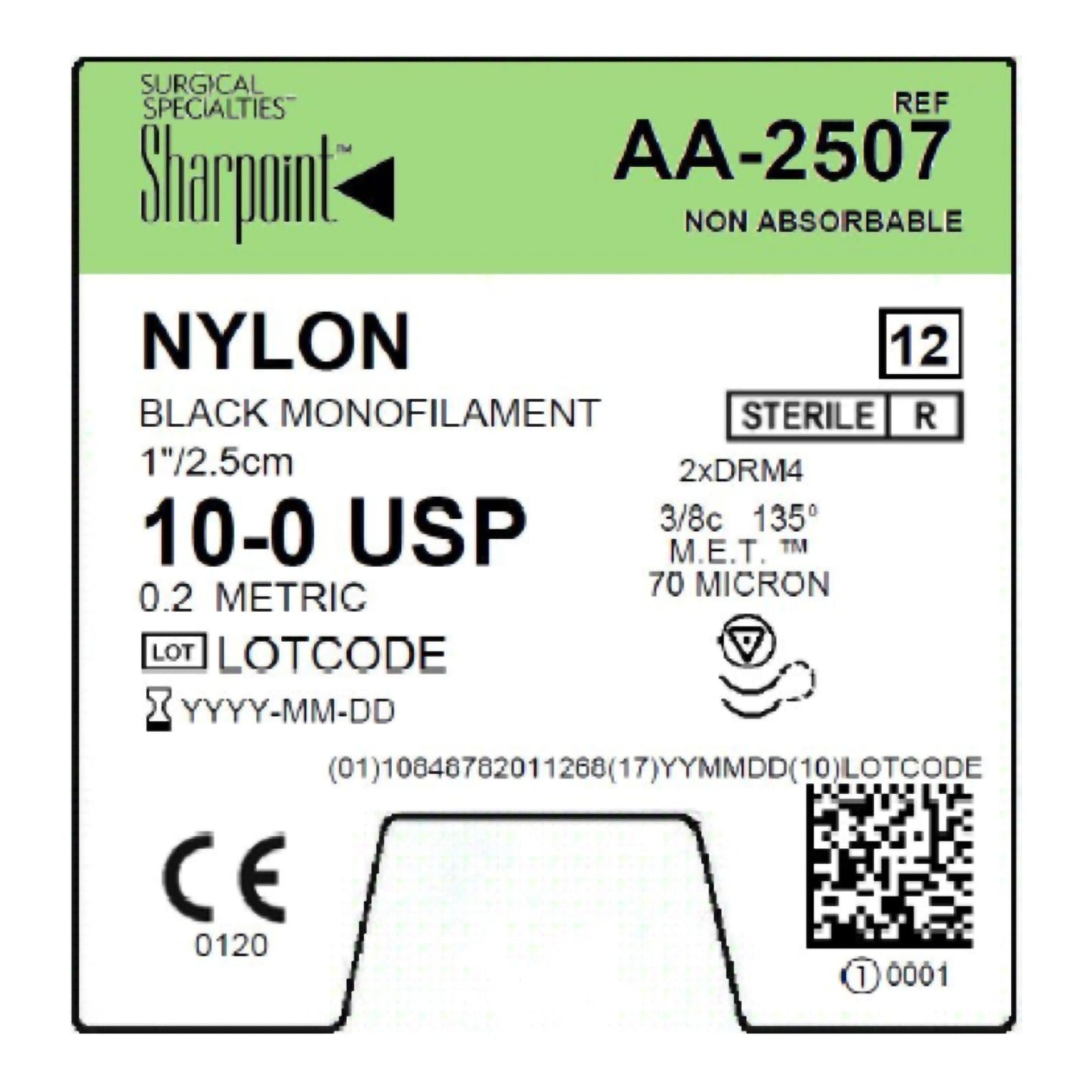 10/0 Nylon Suture, Black Mono, 1"/2.5cm, DRM4, 4mm 3/8 Circle, 12/bx