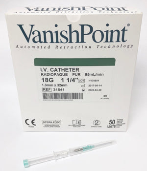 Safety IV Catheter, 18G x 1 1/4", Radiopaque PUR, 50/bx, 4 bx/cs