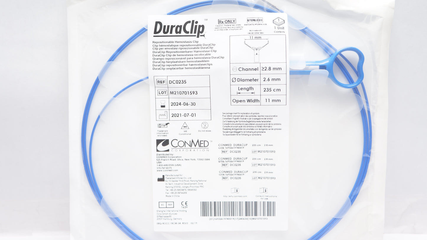 Colonoscope Hemostasis DuraClip, Sheath Lengh: 235cm, Min Channel Diamater:  2.8mm, Jaw Opening:  11mm, 10/cs
