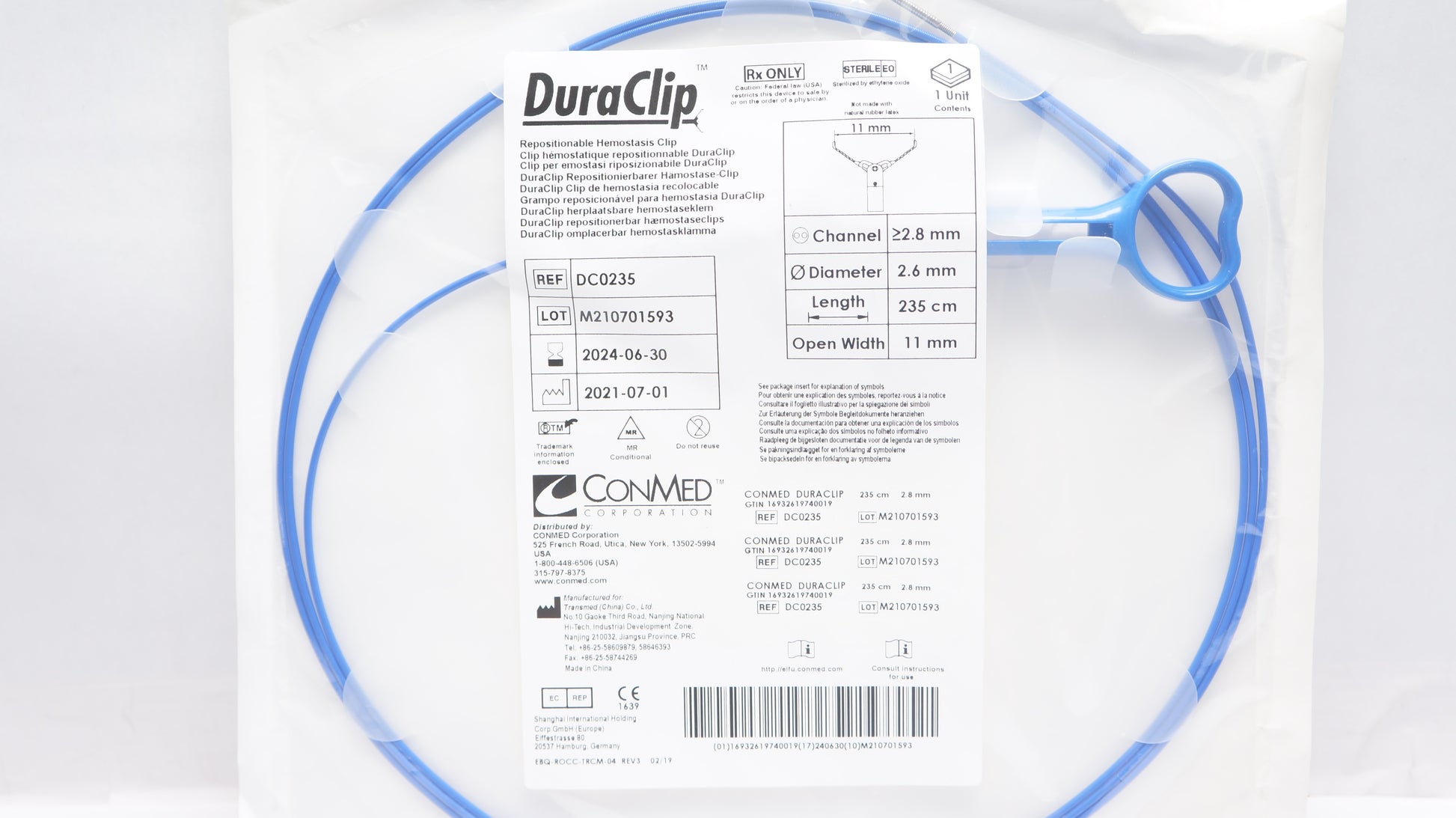 Colonoscope Hemostasis DuraClip, Sheath Lengh: 235cm, Min Channel Diamater:  2.8mm, Jaw Opening:  11mm, 10/cs