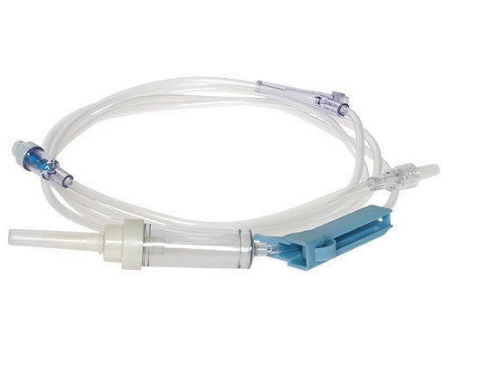 Primary Gravity IV Set, Vented/Non-Vented, Roller Clamp, MicroClave Clear Needle-Free Y-Sites, Pre-Pierced Y-Sites, with Pre-Attached Ext Set, Slide Clamp, MicroClave Clear Needle-Free Y-Site, Pre-Pierced Y-Site, Rotating Male Luer Lock, 10 drops/ml, 104" Length, 13.4ml PV, 50/cs