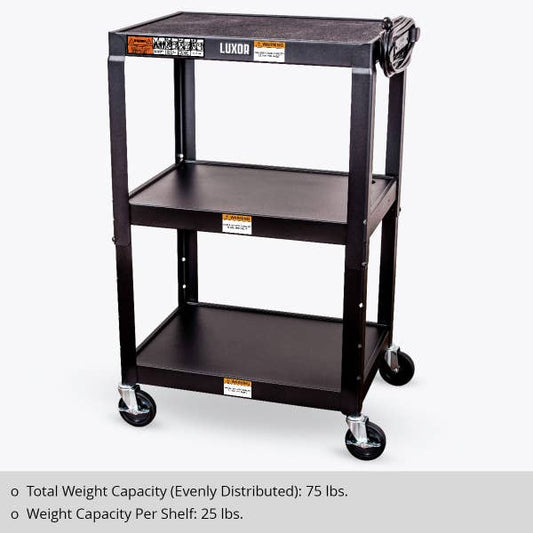 AV Cart, Steel, Adjustable, 24"W x 18"D x 24"-42"H, 15ft Cord, Cabinet Interior: 24"W x 17.5"D x 16.625"H, (4) 4" Silent-Roll Full-Swivel Ball Bearing Casters (2 with Locking Brake) (DROP SHIP ONLY)