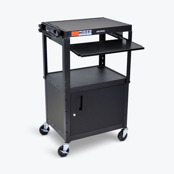 AV Cart, Steel, Adjustable, 24"W x 18"D x 24"-42"H, 15ft Cord, (4) 4" Silent-Roll Full-Swivel Ball Bearing Casters (2 with Locking Brake) (DROP SHIP ONLY)