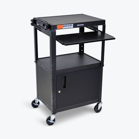 AV Cart, Steel, Adjustable, 24"W x 18"D x 24"-42"H, 15ft Cord, (4) 4" Silent-Roll Full-Swivel Ball Bearing Casters (2 with Locking Brake) (DROP SHIP ONLY)
