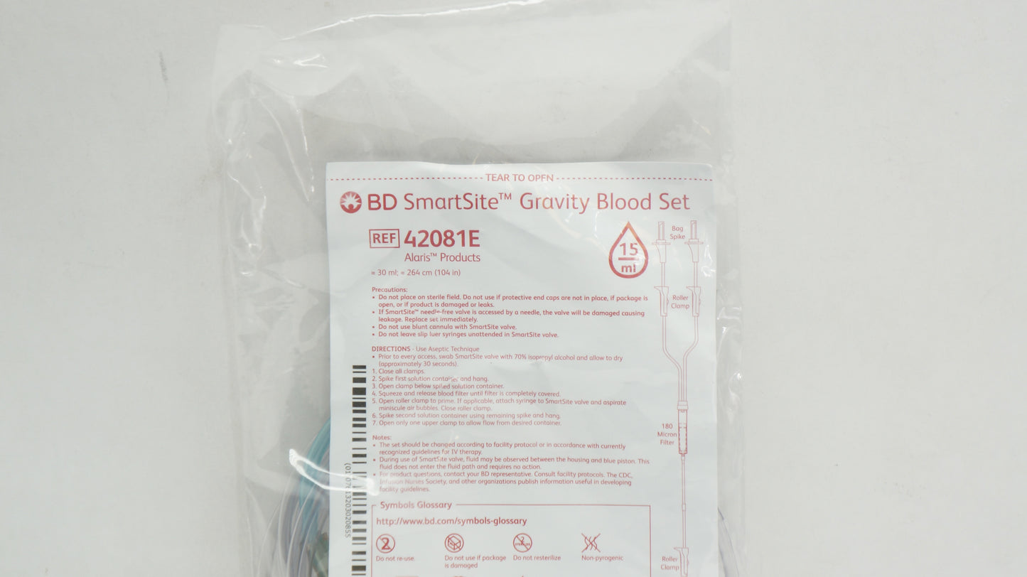 Non-Vented Gravity Blood Set, 180 micron Blood Filter, (1) Needle-Free Valve 9" from 2-Piece Male Luer Lock, 104" Length, 30 ml PV, 20/cs (Continental US Only) (Drop Ship Requires Pre-Approval)