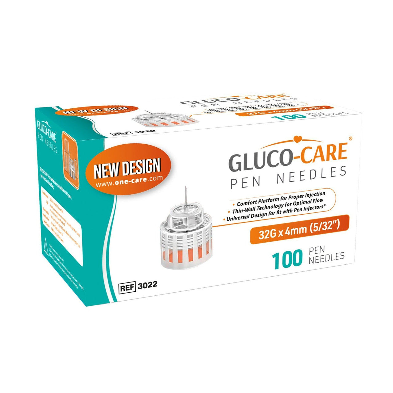 Pen Needles, GLUCO-CARE, 32Gx5/32in (4mm), Universal Fit, Optimal Skin-Contact Base for Comfort, Sterile, 100/bx