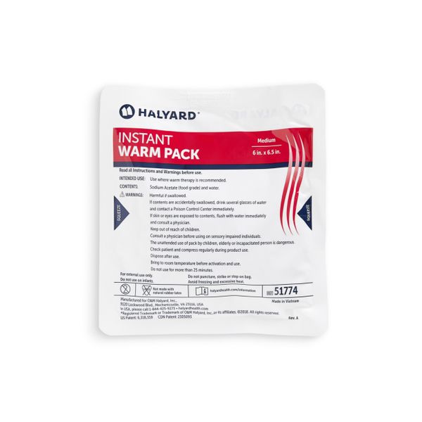 Halyard Instant Warm Pack, Sodium Acetate, Medium, 6" x 6.5", Single Patient Use, 36 ea/cs