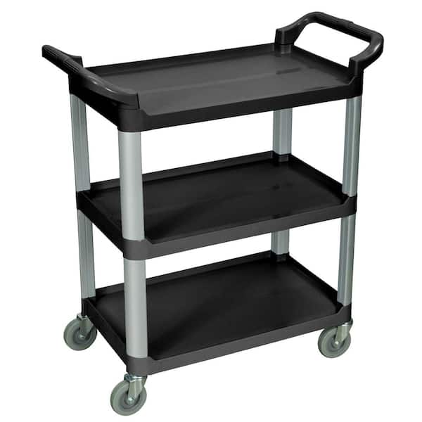 Serving Cart, Three Shelves, Black, Polypropylene Shelves, Aluminum Uprights, 1" Lip, 33.5"W x 16.75"D x 36.75"H, 200 lb. Weight Capacity (DROP SHIP ONLY)