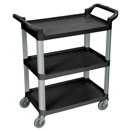 Serving Cart, Three Shelves, Black, Polypropylene Shelves, Aluminum Uprights, 1" Lip, 33.5"W x 16.75"D x 36.75"H, 200 lb. Weight Capacity (DROP SHIP ONLY)