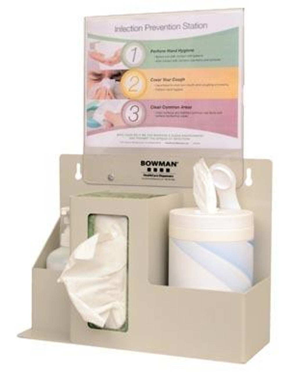 Protective Wear Organizer, Holds Disposable or Reusable Gowns/Aprons/Coveralls/Jumpsuits/Face Masks, Three Boxes of Gloves and Bulk items, Keyholes for Wall Mounting/Cutout for Use with Wall or Door Hanger, Quartz Beige ABS Plastic, 24.47"W x 26.63"H x 4.75"D (Made in USA)
